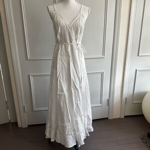 Reformation White Linen V-Neck Sleeveless Wrap Maxi Dress with Tie Waist